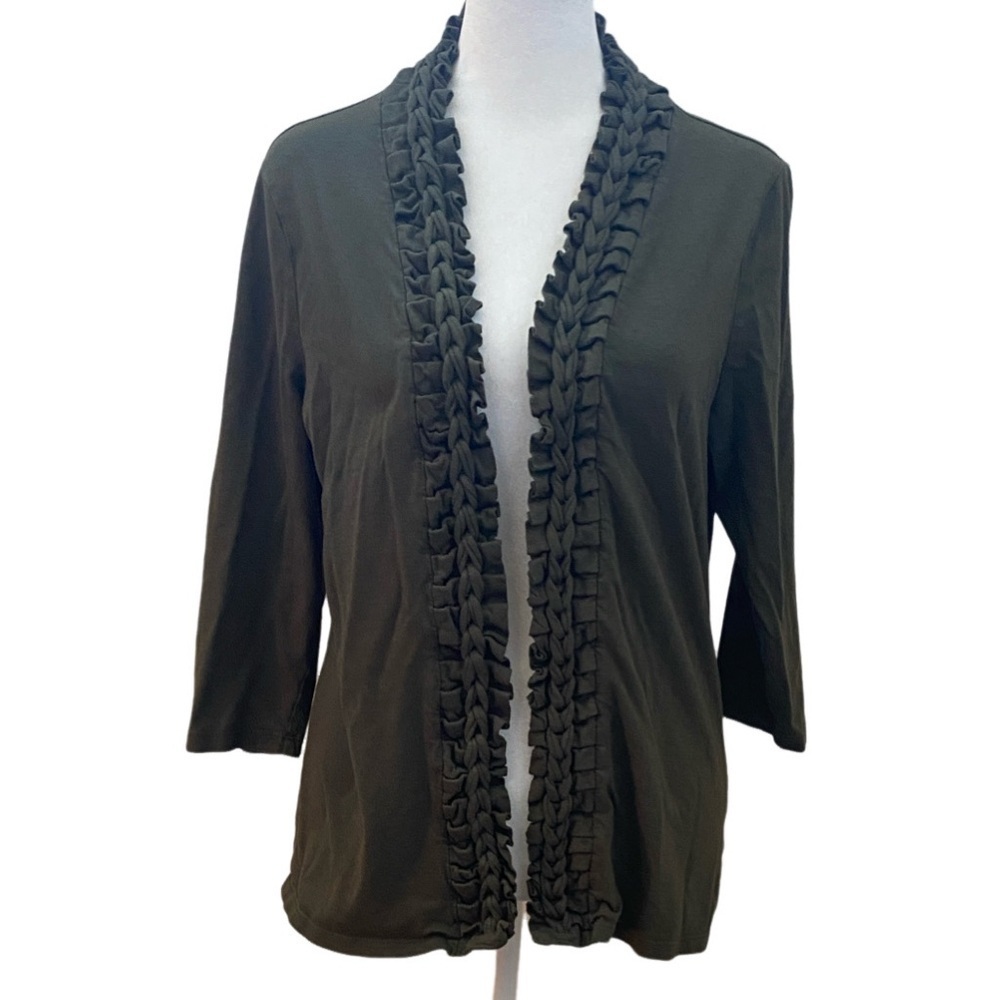 Coldwater Creek Dark Olive Ruffled Open Front Cardigan. Size M (10/12).